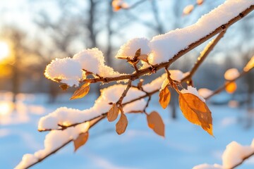 Winter snow on tree branches with golden leaves on a sunny day seasonal nature background