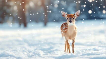 Fawn in winter snow serene wildlife scene
