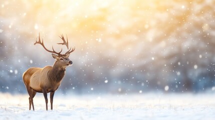 Majestic deer standing in winter wonderland under soft sunlight snowfall