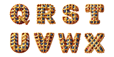Creative food typography using pie designs shaped as letters Q, R, S, T, U, V, W, and X : Letters Q, R, S, T, U, V, W, and X made from fruit-filled lattice pies with blueberries and apples 