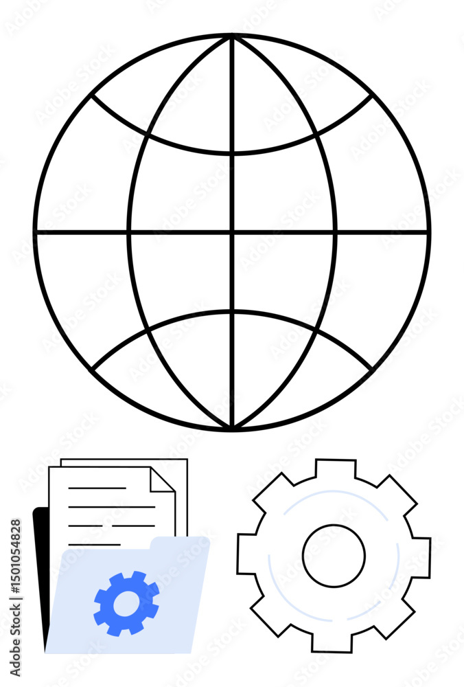 Poster globe with grid lines, document file, gear representing global connectivity, data management, and in