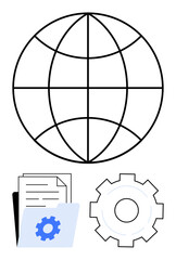 Globe with grid lines, document file, gear representing global connectivity, data management, and innovation. Ideal for technology, networking, business, communication automation digital