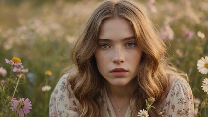 Young woman sitting in a meadow filled with wildflowers 