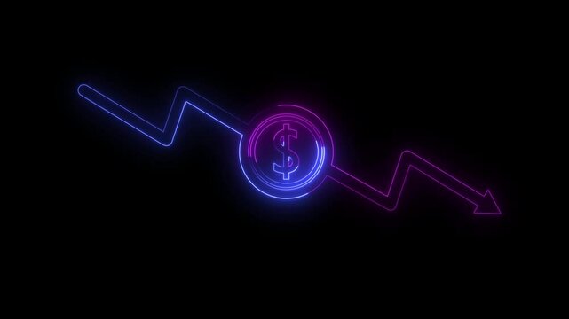 glowing neon dollar sign icon and down arrow .arrow icon Money, profit, investment, business, economy.4k video animation .