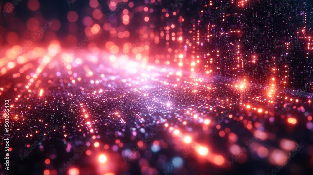 Poster glowing, red, pixelated light patterns converge in a deep space, creating a path, and dimension