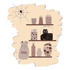 Funny Black Cat Stuck in a Jar on Pantry Shelf – Vector Illustration