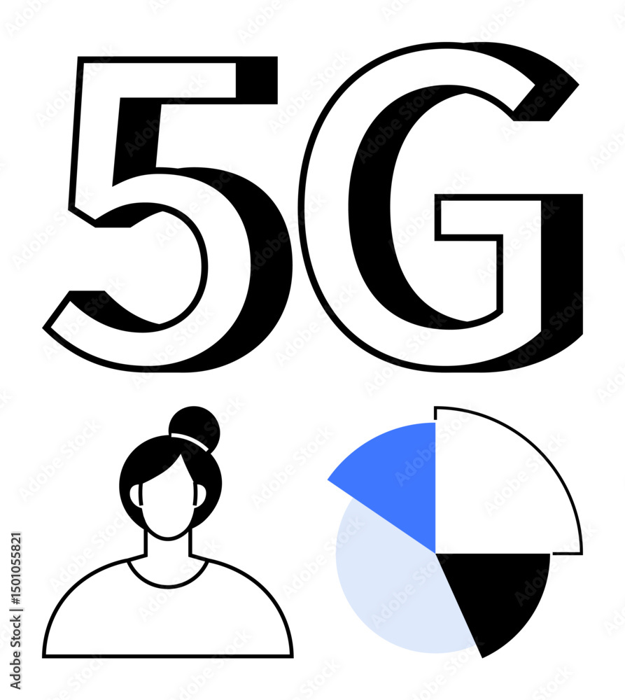 Aufkleber large 5g text, outlined user profile, and segmented pie chart showcasing network connectivity, user 