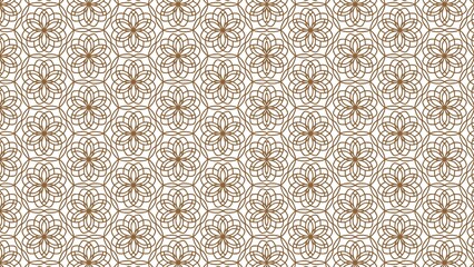 Repeating floral pattern with brown lines forming flowers and geometric shapes on white