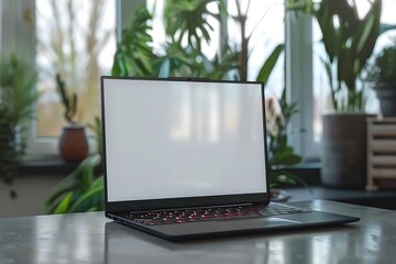Laptop on a table with plants and a blurred background in a bright room