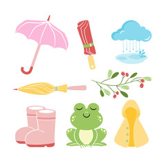 Cute hand drawn rainy season elements including umbrella, raincoat, boots, frog and cloud. Cartoon vector illustration for kids and decor.