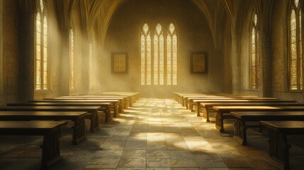 Empty cathedral nave illuminated by sunlight