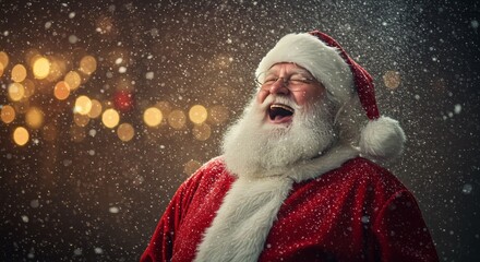 Happy Santa Claus in red suit with white beard enjoying snowfall photo