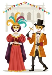 Illustration Of A Couple In Carnival Costumes With Masks And Decorations