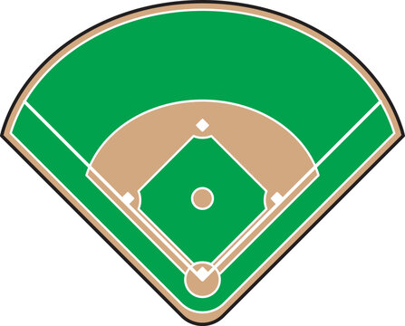 Simple top-down illustration of a baseball field showing infield, bases, pitcher’s mound, and outfield. Great for sports guides, infographics, or educational use.
