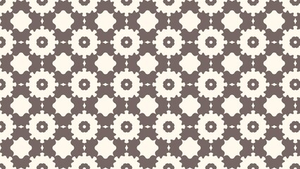 Repeating pattern of white floral shapes and brown gear shapes on a beige background