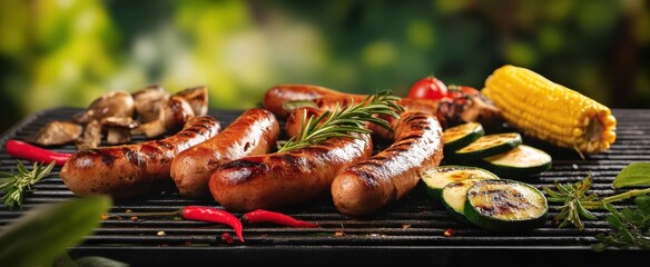 The delicious sausages grilling alongside fresh vegetables and herbs in an outdoor setting.