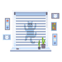 Funny Cat Sneaking Behind Window Blind to Catch a Mouse – Vector Illustration