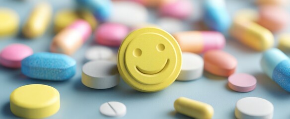 The smiling face among vibrant medication and colorful pills
