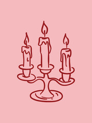 Hand-drawn vector drawing in linear style, sketch. Candle holder with lighted candles on pink background