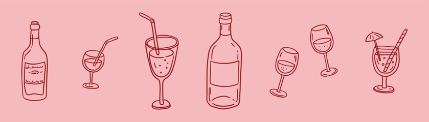 Freehand vector drawing in linear style, sketch. set of wine bottles and glasses on a pink background