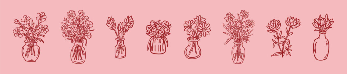 Hand drawn vector set in linear style , sketch, doodle on pink background flowers in vases and pitchers
