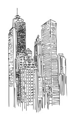 Vector artistic sketchy pen and ink drawing illustration of generic city high rise cityscape landscape with skyscraper buildings.
