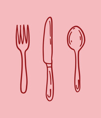 Vector hand drawing in linear style , sketch. Set knife, fork and spoon on pink background
