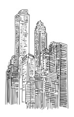 Vector artistic sketchy pen and ink drawing illustration of generic city high rise cityscape landscape with skyscraper buildings.
