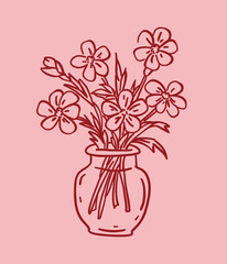 Hand drawn vector set in linear style , sketch, doodle on pink background flowers in vase