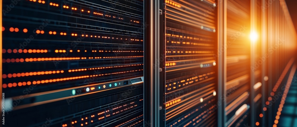 Poster data center with glowing server racks and illuminated lines.