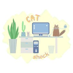 Funny Cat Chewing a Computer Cable While Mouse Laughs – Vector Illustration
