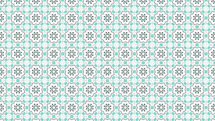 Repeating floral pattern with teal squares and white background in a seamless design