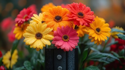 Colorful flowers in vibrant hues, close-up view with water droplets and blurred background