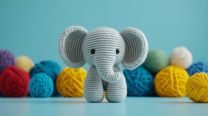 Crocheted elephant toy, handmade craftsmanship and yarn art, adorable stuffed animal with colorful yarn balls on a blue background.