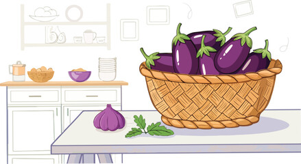 Eggplant in Wicker Basket Vibrant Kitchen Vector Illustration