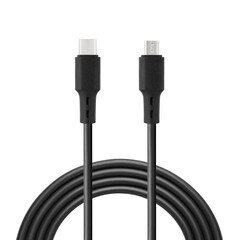 Black cable for charging and synchronization with Type – C and Micro USB connectors on a white...