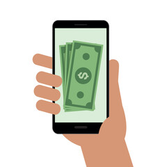 hand holding smartphone with dollar banknotes vector illustration