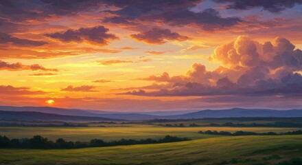 Vibrant Sunset Sky Over Rolling Hills Landscape Scenery