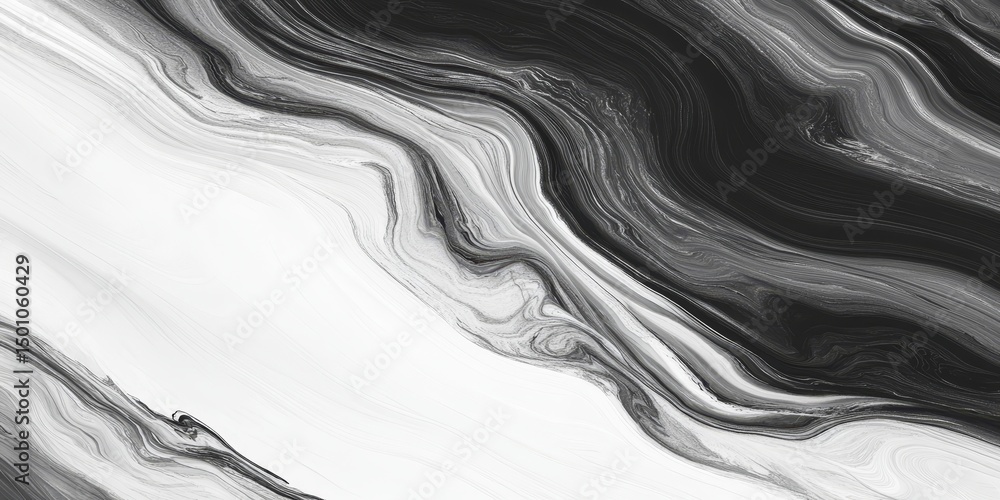 Poster abstract fluid art background, black and white elegant wavy pattern with dynamic ink swirls.