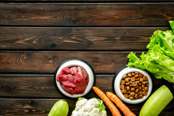 Bowls with healthy pet food and ingredients, top view