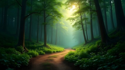 dense forest, lush green foliage, winding dirt path, sunlight filtering through the trees, serene and peaceful landscape, atmospheric and moody lighting, detailed textures, vibrant colors, cinematic 