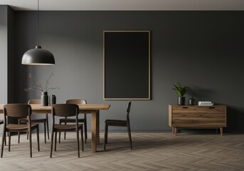 Interior Photo of Modern Dining Room with Wooden Furniture and Black Wall