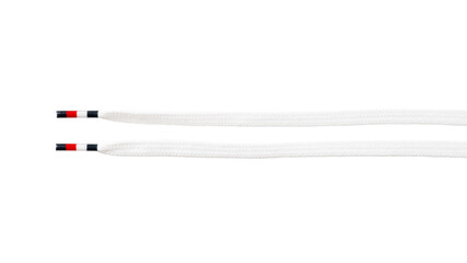 Close-up of white shoelaces with black and red tips on transparent or white background.