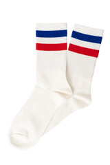White socks with red and blue stripes on transparent or white background.
