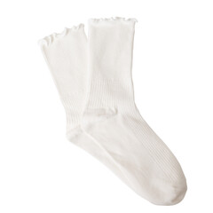 White cotton crew socks with ribbed texture and ruffled edge.