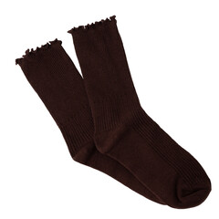 Dark brown ribbed knit socks with ruffled top design.