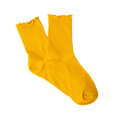 Bright yellow socks with ruffled cuffs on transparent or white background.