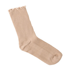 Beige ribbed sock with ruffled edge on transparent or white background.