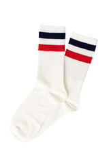 White athletic socks with red and blue stripes on transparent or white background.