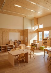 Interior Photo Of A Modern School Classroom Featuring Wooden Furniture and Light